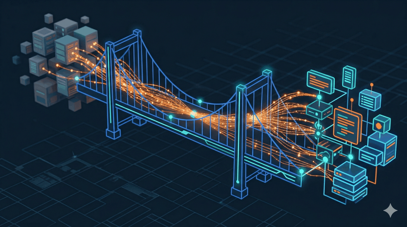 ReportBridge — data flowing across a bridge from legacy SSRS to modern Domo dashboards